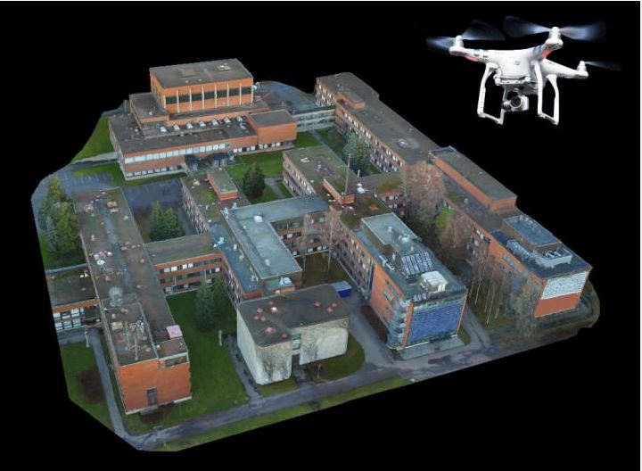 A drone flying under power lines.